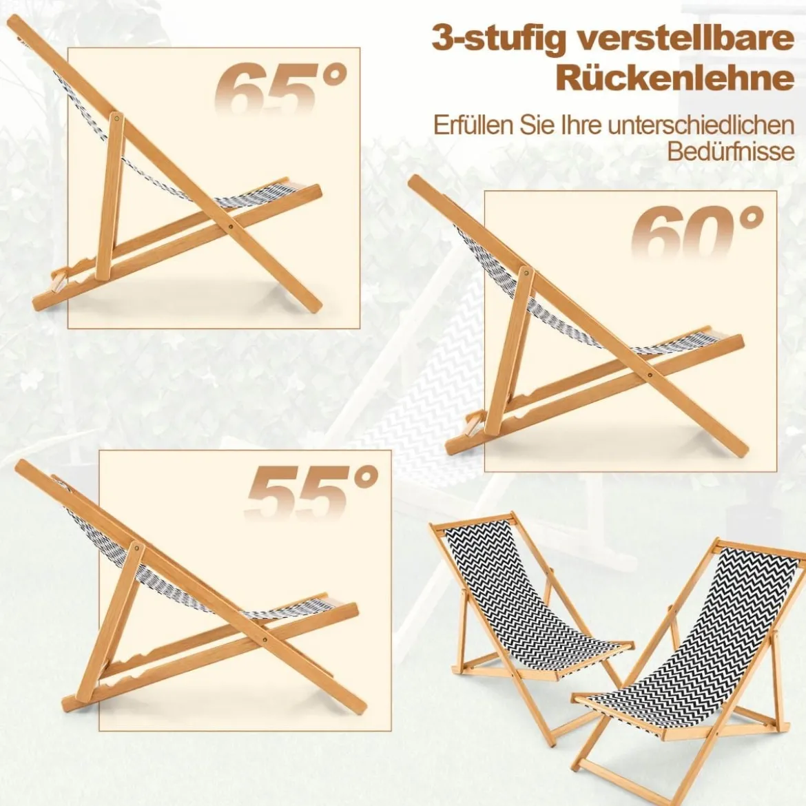 Klappbarer Liegestuhl aus Bambus mit Verstellbarer Rückenlehne Sling-Stuhl Natur