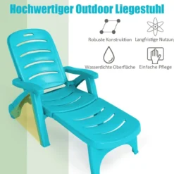 Klappbarer Liegestuhl 5-fach verstellbare Gartenliege für den Außenbereich mit eingebauten Rädern Türkis