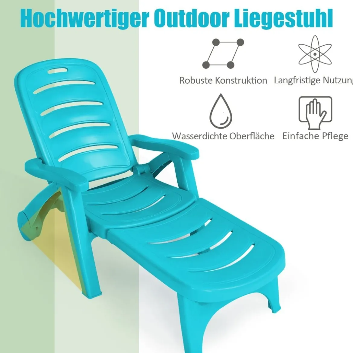 Klappbarer Liegestuhl 5-fach verstellbare Gartenliege für den Außenbereich mit eingebauten Rädern Türkis