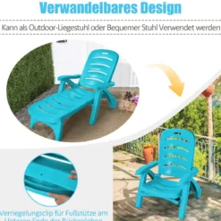 Klappbarer Liegestuhl 5-fach verstellbare Gartenliege für den Außenbereich mit eingebauten Rädern Türkis