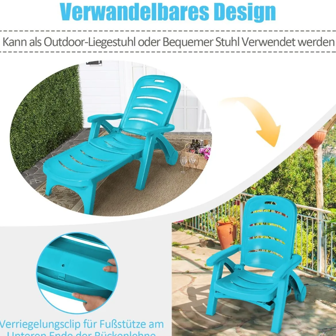 Klappbarer Liegestuhl 5-fach verstellbare Gartenliege für den Außenbereich mit eingebauten Rädern Türkis