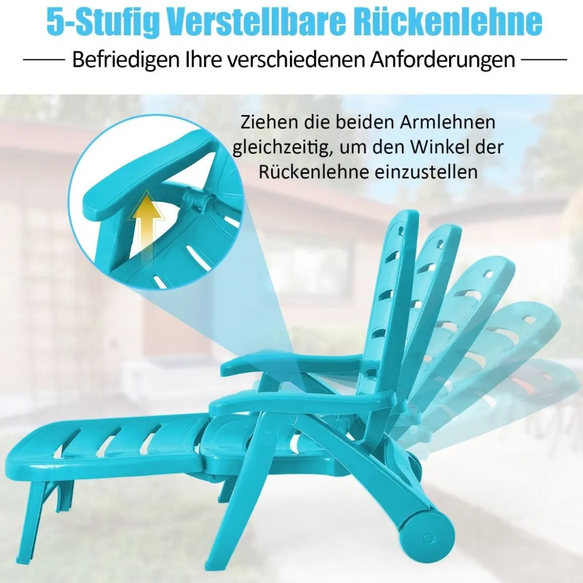 Klappbarer Liegestuhl 5-fach verstellbare Gartenliege für den Außenbereich mit eingebauten Rädern Türkis
