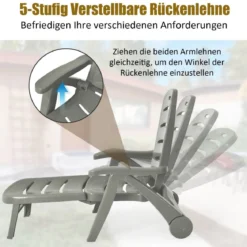 Klappbarer Liegestuhl mit eingebauten Rädern 5-fach verstellbare Gartenliege Grau