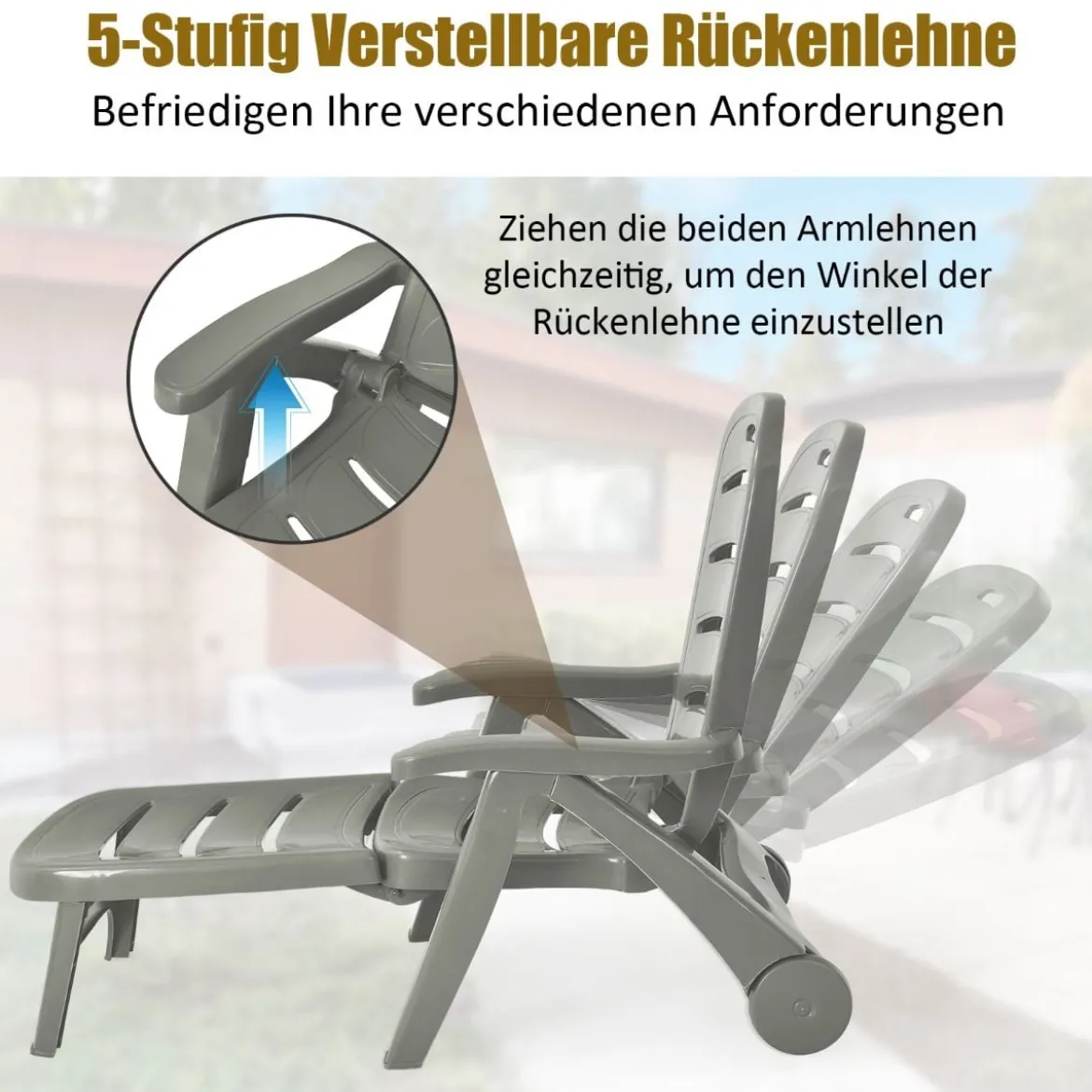 Klappbarer Liegestuhl mit eingebauten Rädern 5-fach verstellbare Gartenliege Grau