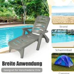 Klappbarer Liegestuhl mit eingebauten Rädern 5-fach verstellbare Gartenliege Grau