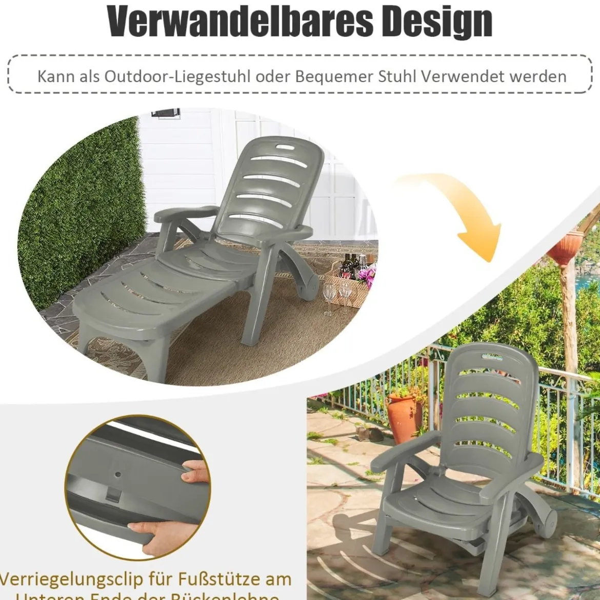 Klappbarer Liegestuhl mit eingebauten Rädern 5-fach verstellbare Gartenliege Grau
