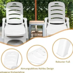 Klappbarer Liegestuhl mit eingebauten Rädern 5-fach verstellbare Gartenliege Weiß