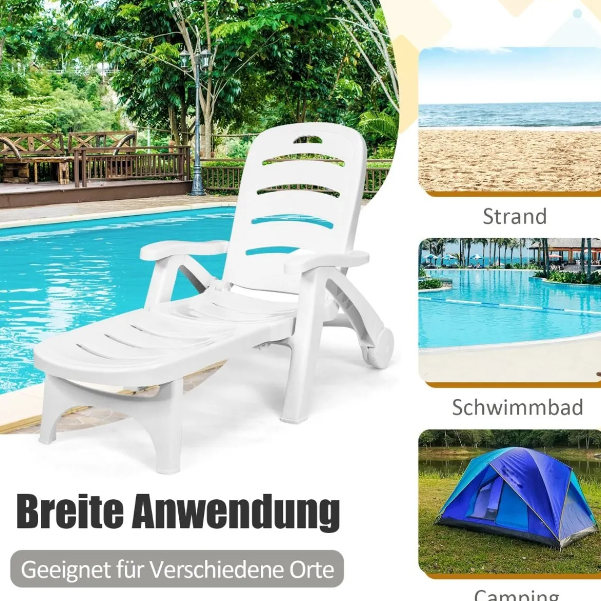 Klappbarer Liegestuhl mit eingebauten Rädern 5-fach verstellbare Gartenliege Weiß