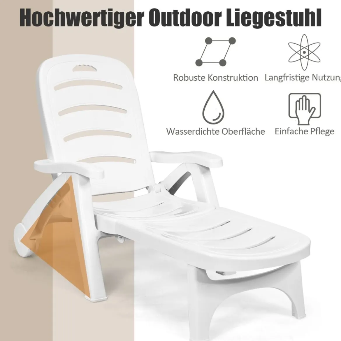 Klappbarer Liegestuhl mit eingebauten Rädern 5-fach verstellbare Gartenliege Weiß