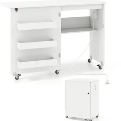 Klappbarer Nähtisch mit Ladestation klappbarer Bastelwagen mit Regal & Schubladen Weiß