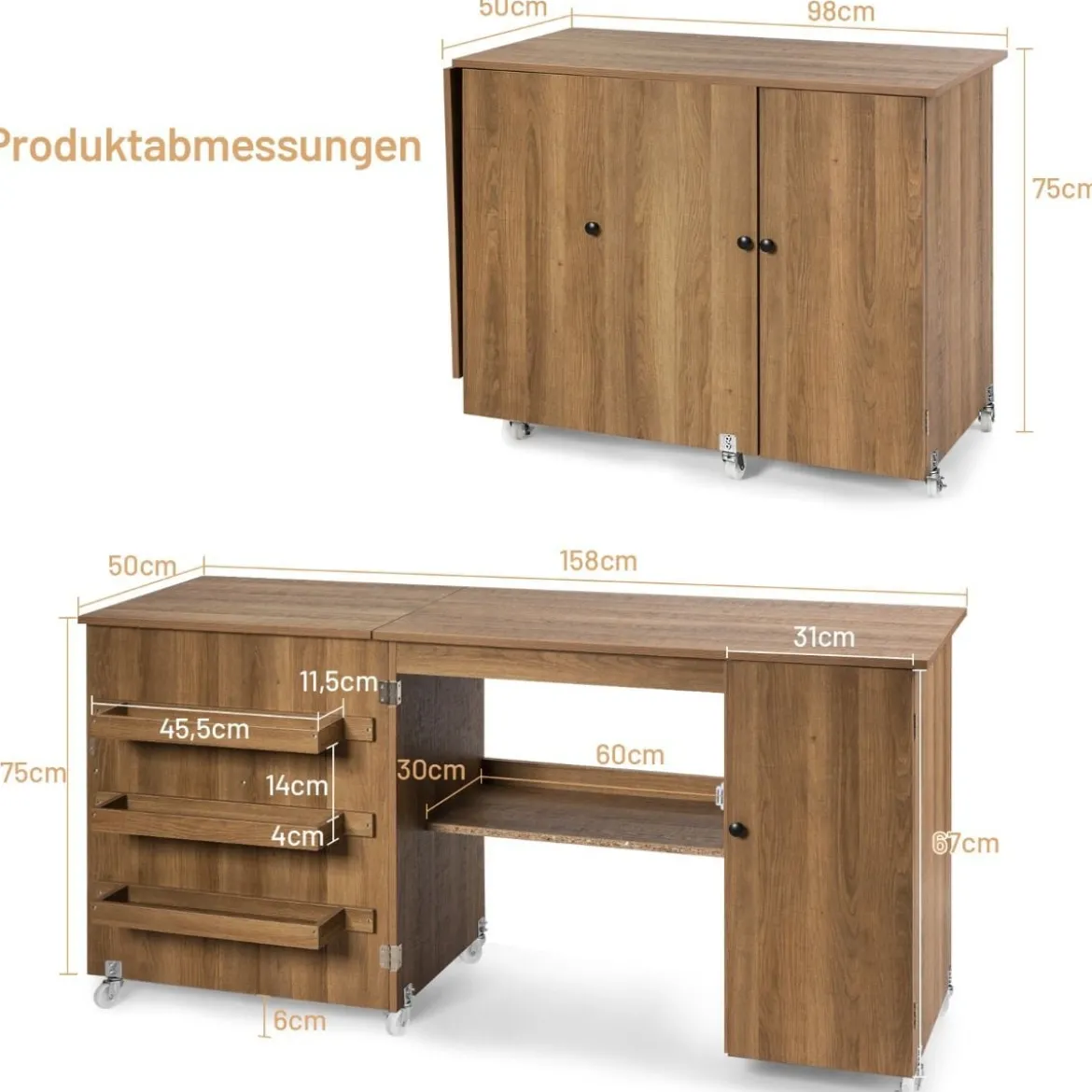 Klappbarer Nähtisch vielseitiger Basteltisch mit breiter Arbeitsplatte 158 x 50 x 75 cm Braun