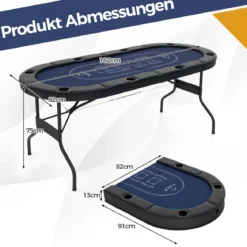 Klappbarer Pokertisch für 8 Spieler Spieltisch mit Getränkehaltern & Gepolsterter Armauflage Blau