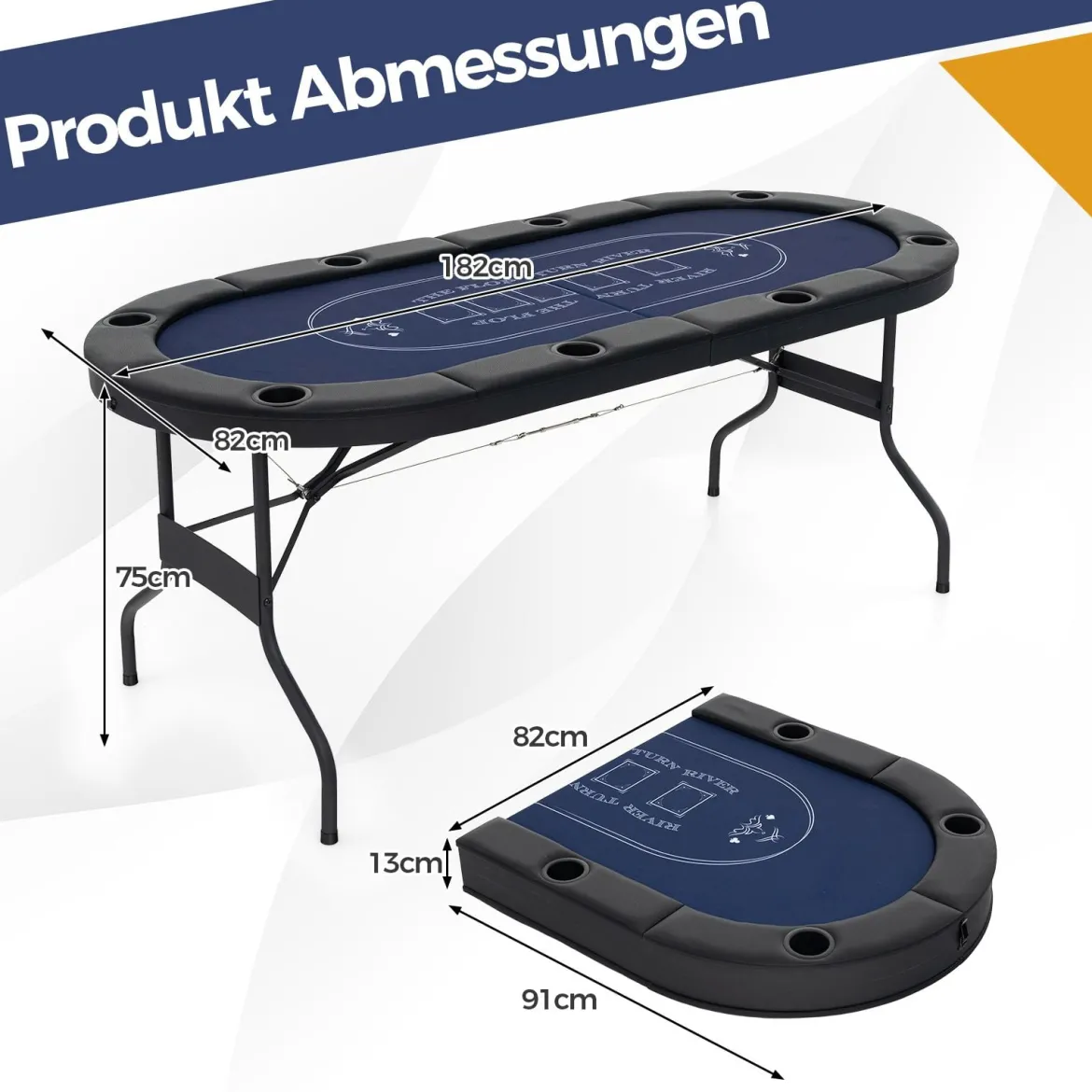 Klappbarer Pokertisch für 8 Spieler Spieltisch mit Getränkehaltern & Gepolsterter Armauflage Blau
