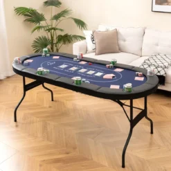 Klappbarer Pokertisch für 8 Spieler Spieltisch mit Getränkehaltern & Gepolsterter Armauflage Blau