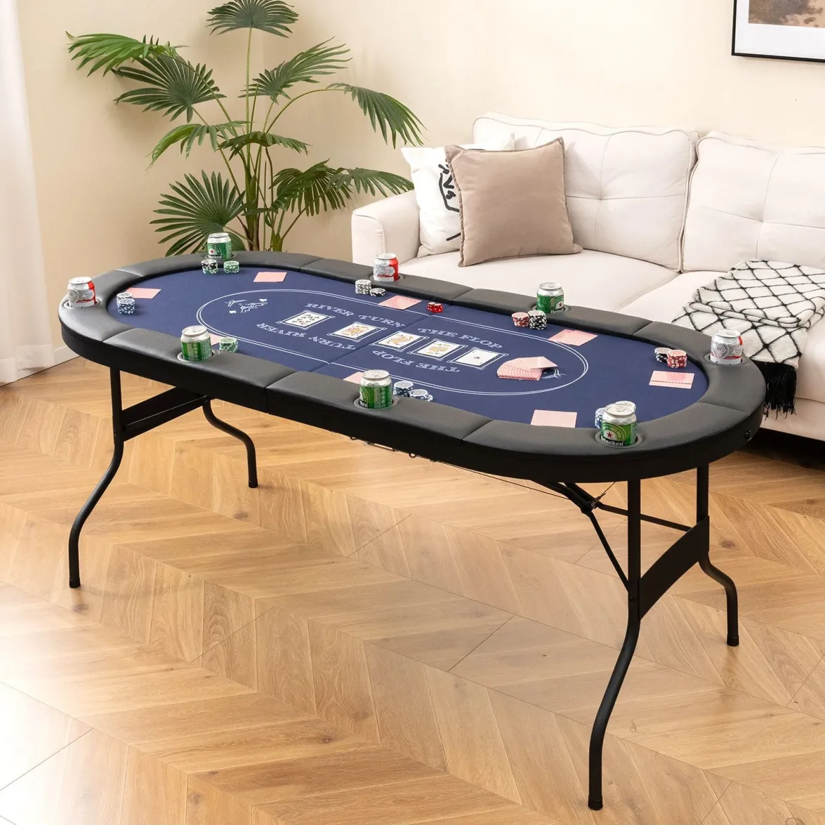 Klappbarer Pokertisch für 8 Spieler Spieltisch mit Getränkehaltern & Gepolsterter Armauflage Blau