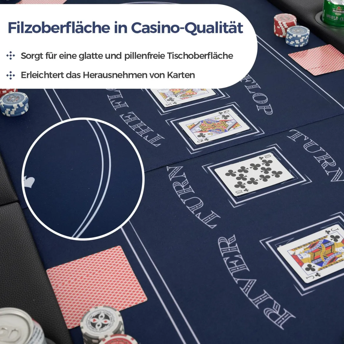 Klappbarer Pokertisch für 8 Spieler Spieltisch mit Getränkehaltern & Gepolsterter Armauflage Blau