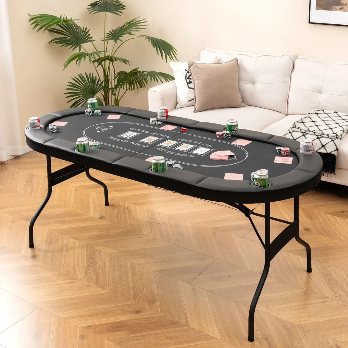 Klappbarer Pokertisch für 8 Spieler Spieltisch mit Getränkehaltern & Gepolsterter Armauflage Schwarz