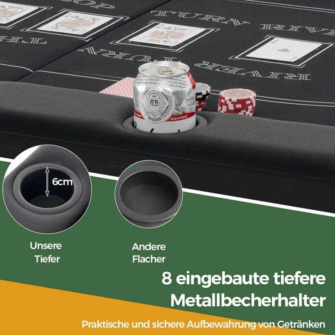 Klappbarer Pokertisch für 8 Spieler Spieltisch mit Getränkehaltern & Gepolsterter Armauflage Schwarz