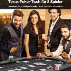 Klappbarer Pokertisch für 8 Spieler Spieltisch mit Getränkehaltern & Gepolsterter Armauflage Schwarz