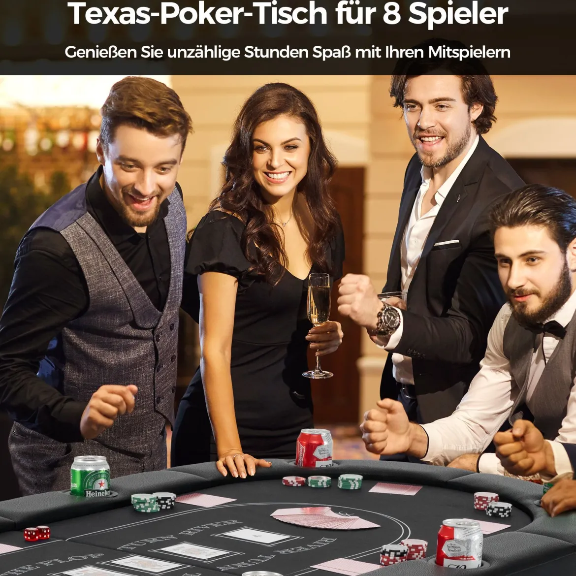 Klappbarer Pokertisch für 8 Spieler Spieltisch mit Getränkehaltern & Gepolsterter Armauflage Schwarz