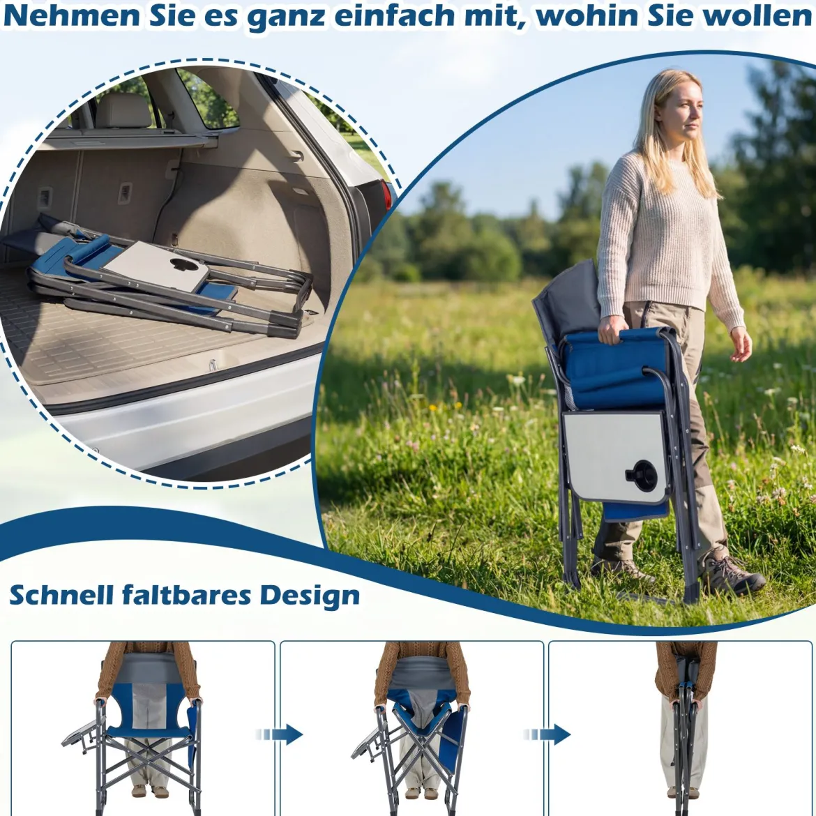 Klappbarer Regiestuhl mit Seitentisch & Seitentasche & Getränkehalter Campingstuhl Blau