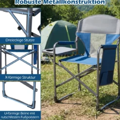 Klappbarer Regiestuhl mit Seitentisch & Seitentasche & Getränkehalter Campingstuhl Blau