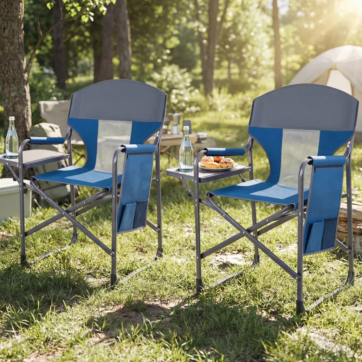 Klappbarer Regiestuhl mit Seitentisch & Seitentasche & Getränkehalter Campingstuhl Blau
