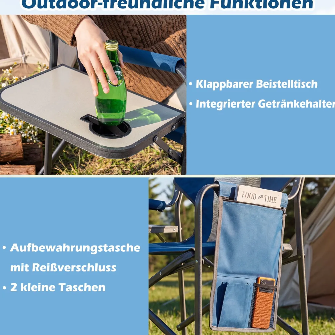 Klappbarer Regiestuhl mit Seitentisch & Seitentasche & Getränkehalter Campingstuhl Blau