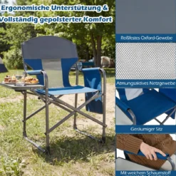 Klappbarer Regiestuhl mit Seitentisch & Seitentasche & Getränkehalter Campingstuhl Blau