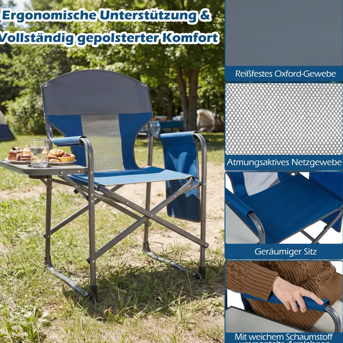 Klappbarer Regiestuhl mit Seitentisch & Seitentasche & Getränkehalter Campingstuhl Blau