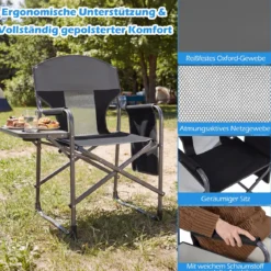Klappbarer Regiestuhl mit Seitentisch & Seitentasche & Getränkehalter Campingstuhl Schwarz