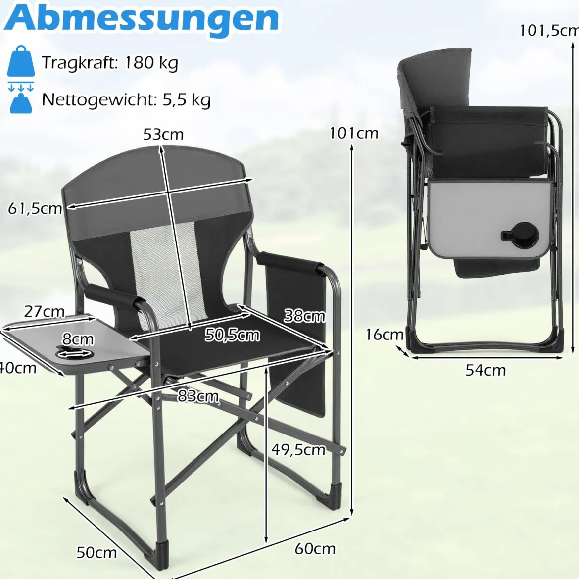 Klappbarer Regiestuhl mit Seitentisch & Seitentasche & Getränkehalter Campingstuhl Schwarz