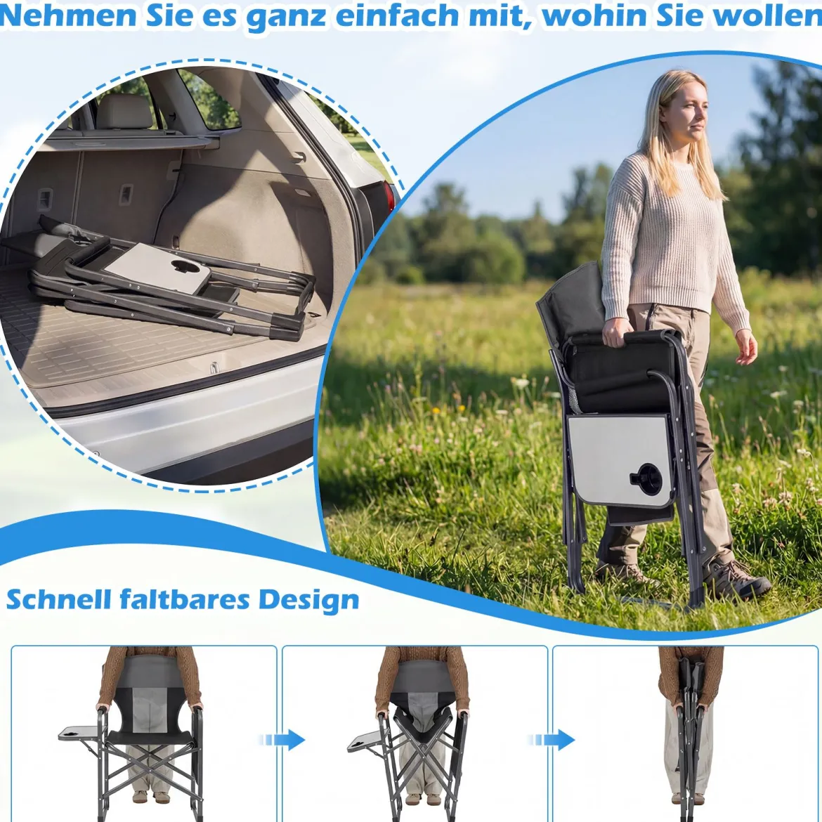 Klappbarer Regiestuhl mit Seitentisch & Seitentasche & Getränkehalter Campingstuhl Schwarz
