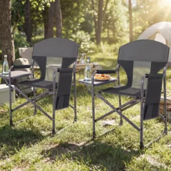 Klappbarer Regiestuhl mit Seitentisch & Seitentasche & Getränkehalter Campingstuhl Schwarz