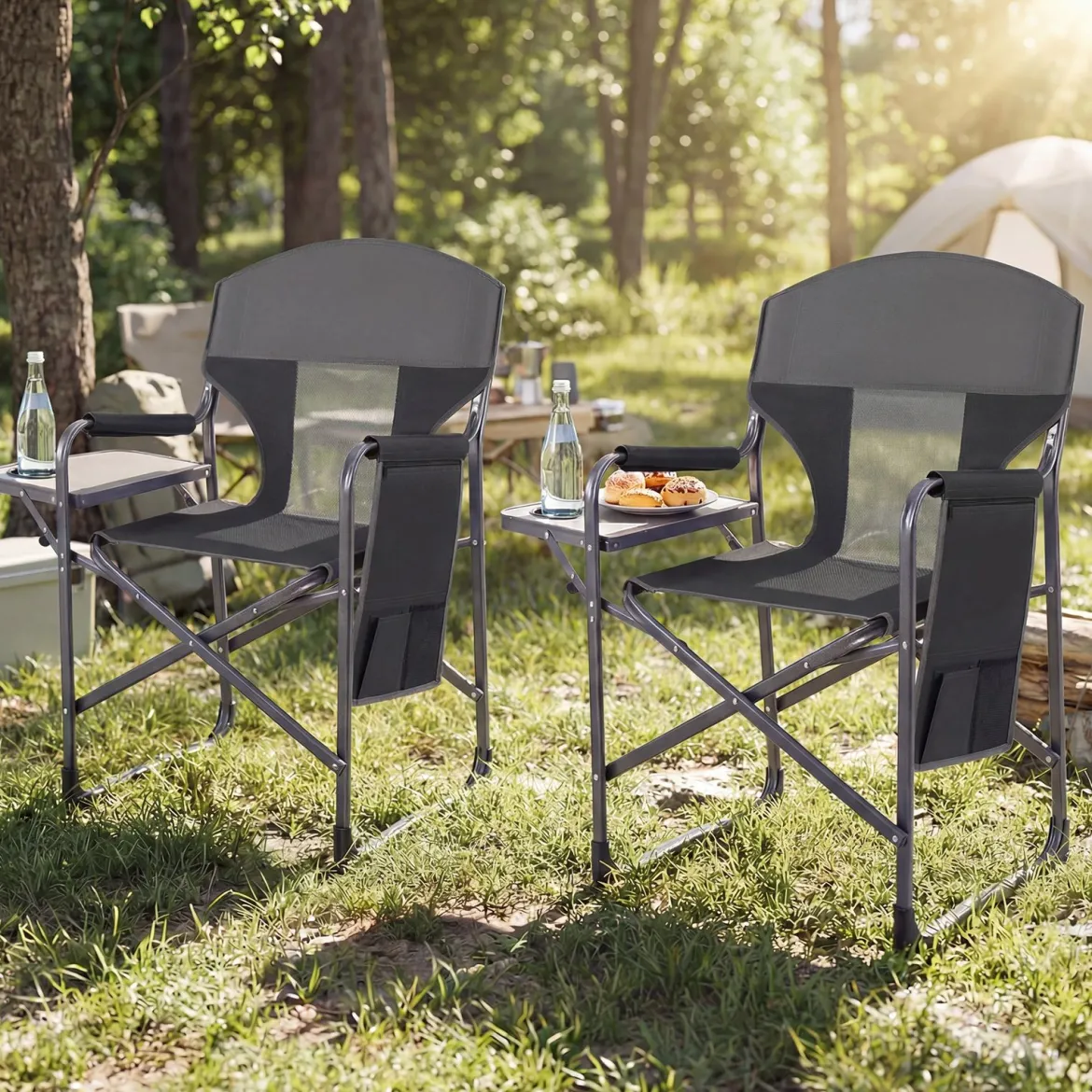Klappbarer Regiestuhl mit Seitentisch & Seitentasche & Getränkehalter Campingstuhl Schwarz