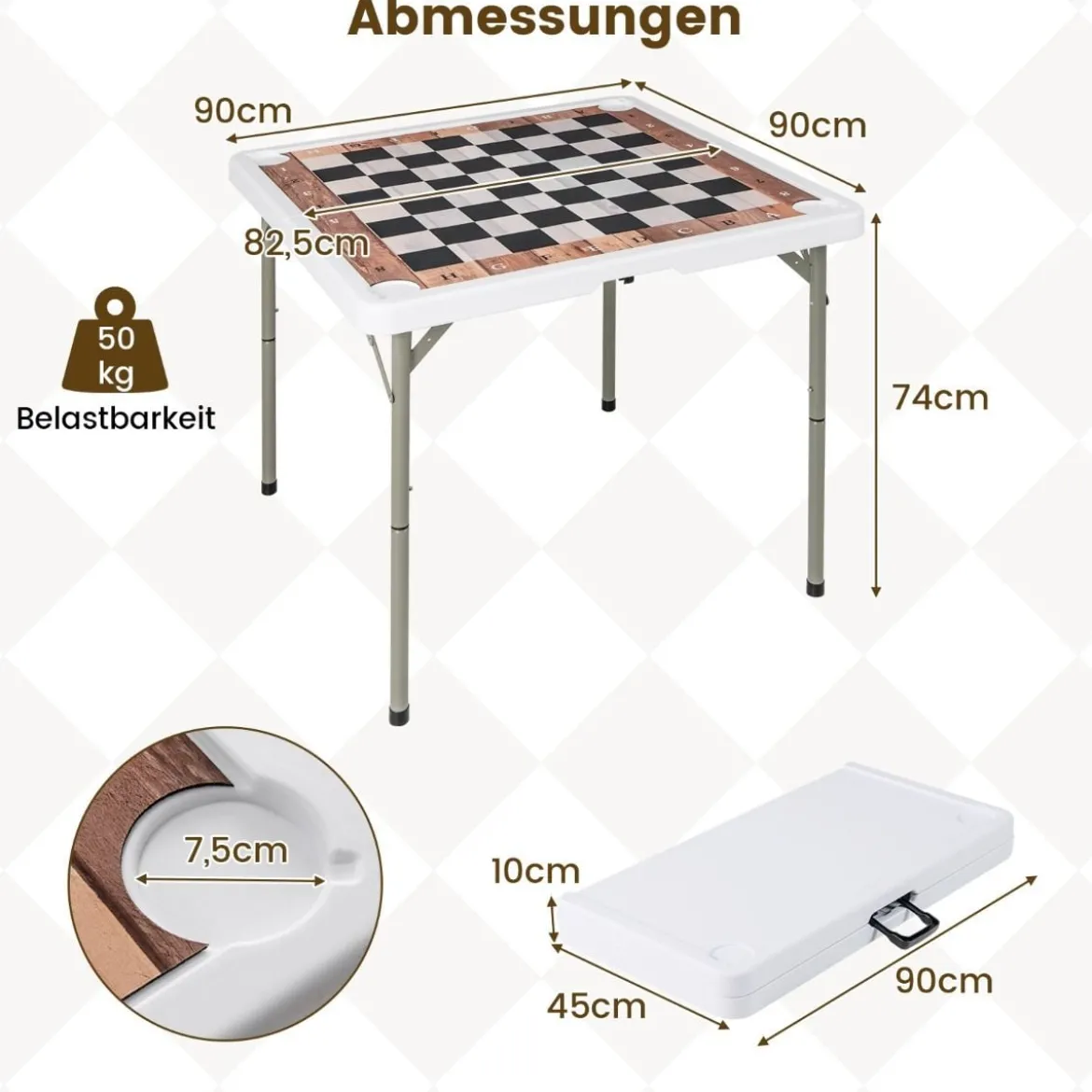 Klappbarer Schachtisch mit Abnehmbarem Tischmatte & 4 Getränkehaltern Schachbrett