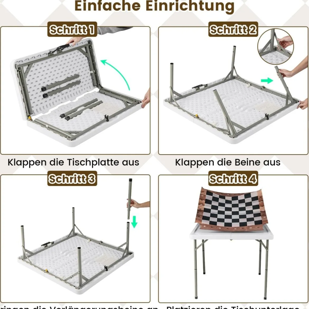 Klappbarer Schachtisch mit Abnehmbarem Tischmatte & 4 Getränkehaltern Schachbrett