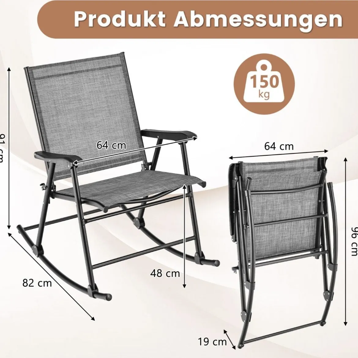 Klappbarer Schaukelstühle 2er Set Gartenstühle mit atmungsaktivem Sitzstoff 82 x 64 x 91 cm