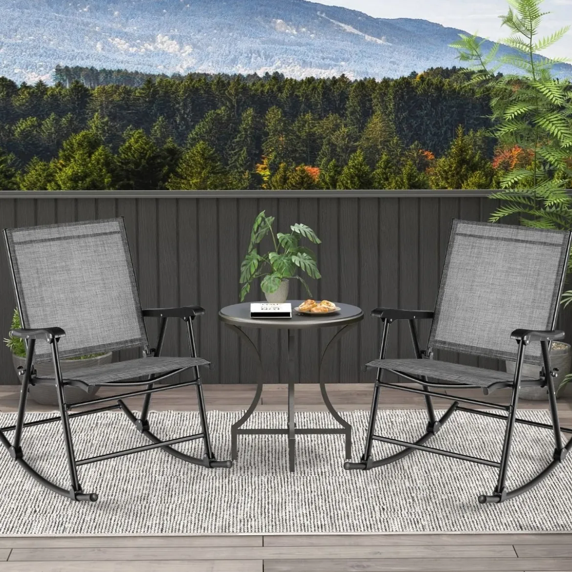 Klappbarer Schaukelstühle 2er Set Gartenstühle mit atmungsaktivem Sitzstoff 82 x 64 x 91 cm