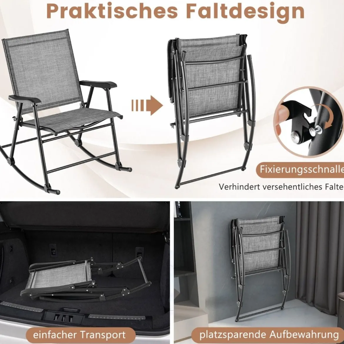 Klappbarer Schaukelstühle 2er Set Gartenstühle mit atmungsaktivem Sitzstoff 82 x 64 x 91 cm