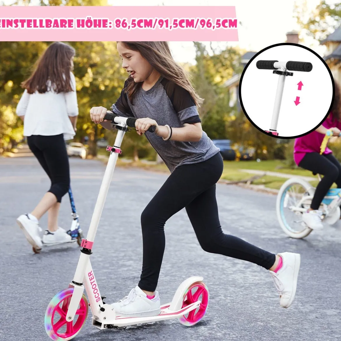 Klappbarer Scooter mit 100kg Tragkraft & 2 LED Räder Höhenverstellbarer Roller Tretroller