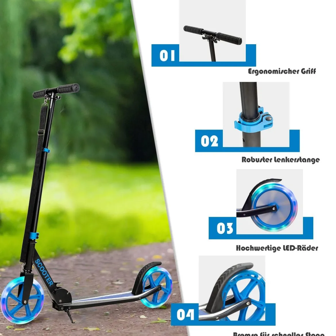Klappbarer Scooter mit 100kg Tragkraft & 2 LED Räder Höhenverstellbarer Roller Tretroller