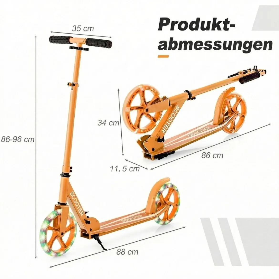 Klappbarer Scooter mit 100kg Tragkraft & 2 LED Räder Höhenverstellbarer Roller Tretroller