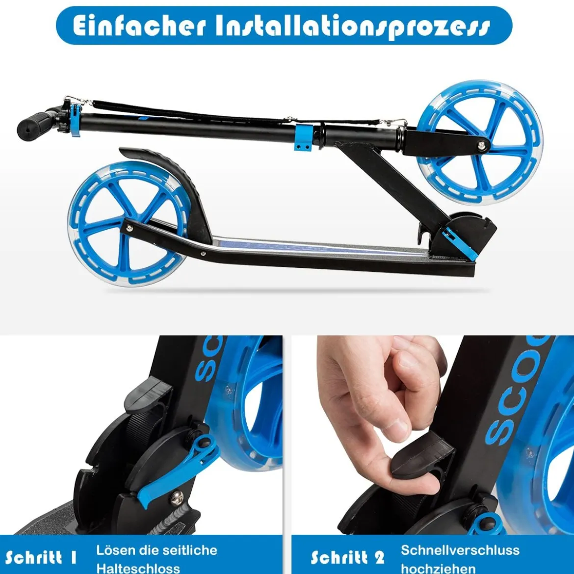 Klappbarer Scooter mit 100kg Tragkraft & 2 LED Räder Höhenverstellbarer Roller Tretroller