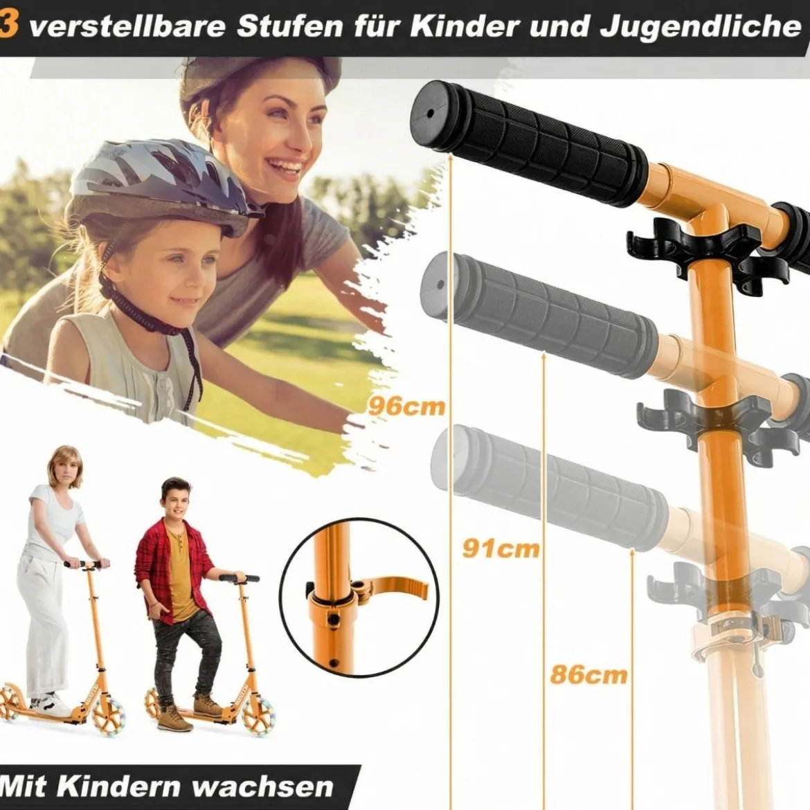 Klappbarer Scooter mit 100kg Tragkraft & 2 LED Räder Höhenverstellbarer Roller Tretroller