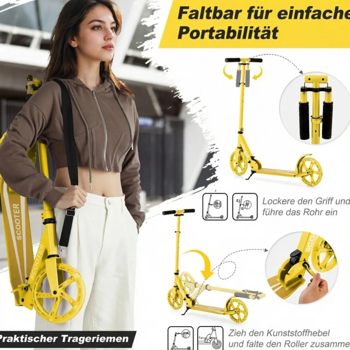 Klappbarer Scooter mit 100kg Tragkraft & 2 LED Räder Höhenverstellbarer Roller Tretroller