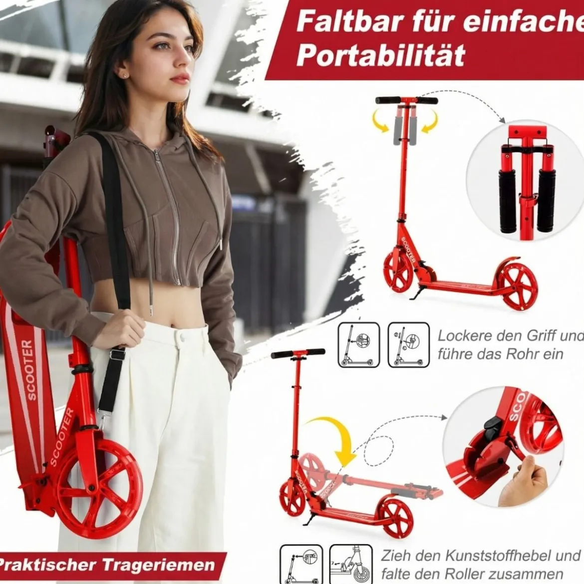 Klappbarer Scooter mit 100kg Tragkraft & 2 LED Räder Höhenverstellbarer Roller Tretroller