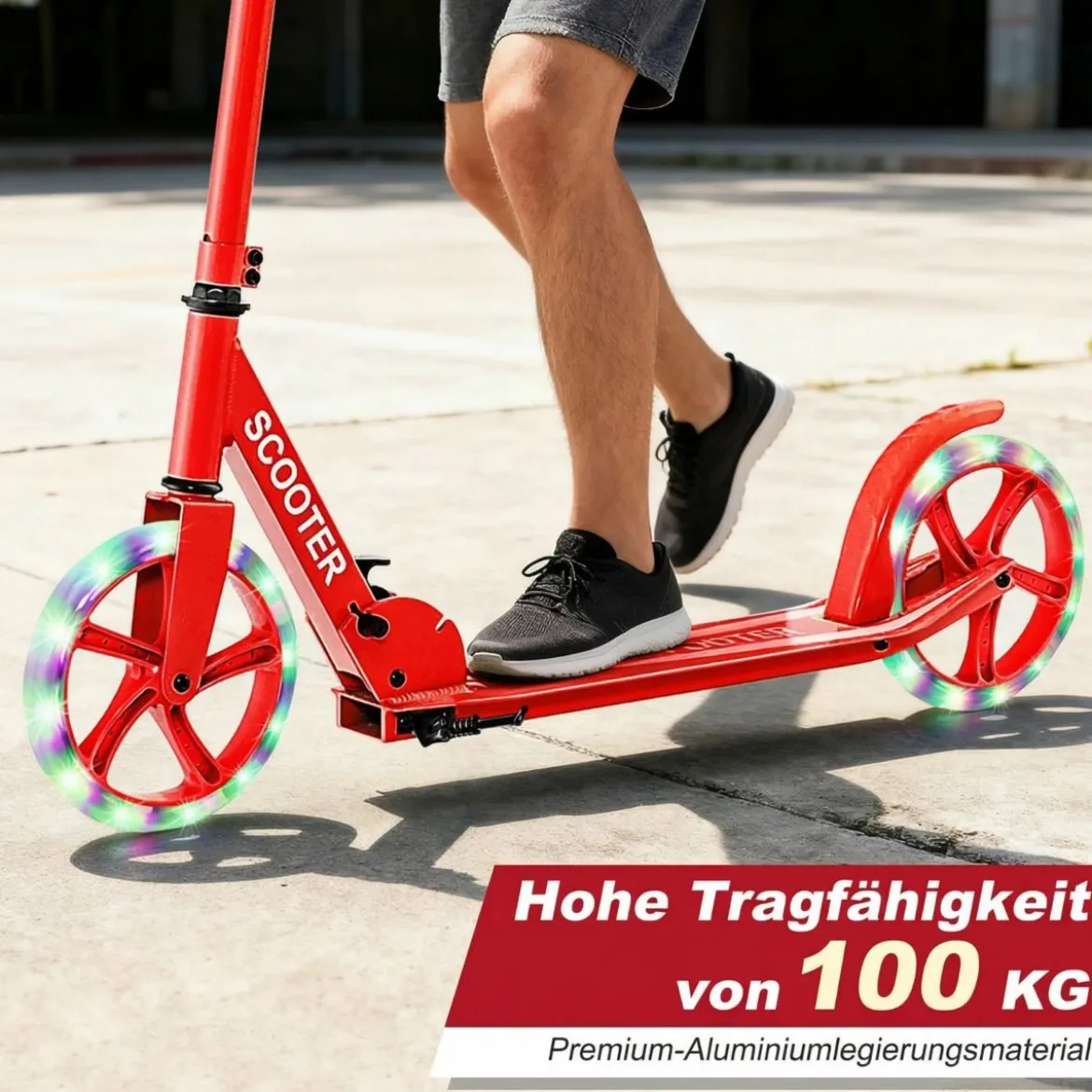 Klappbarer Scooter mit 100kg Tragkraft & 2 LED Räder Höhenverstellbarer Roller Tretroller