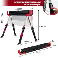 Klappbarer Sägebock im 2er-Pack aus Stahl mit 2 x 4 Stützarmen 61,5–82,7 cm Höhenverstellbar