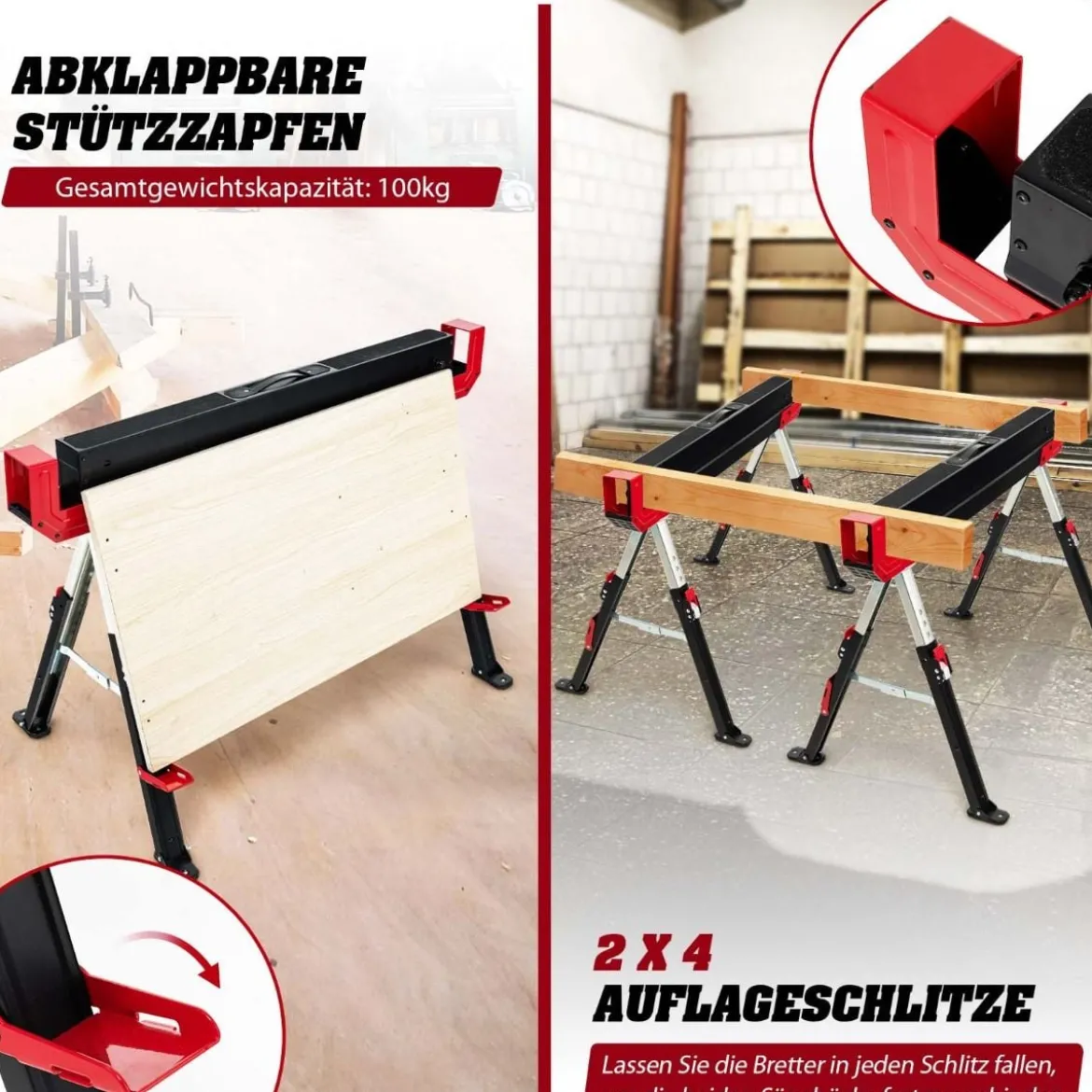 Klappbarer Sägebock im 2er-Pack aus Stahl mit 2 x 4 Stützarmen 61,5–82,7 cm Höhenverstellbar